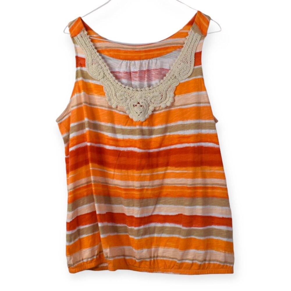 Lane Bryant Tank 14/16 Womens Striped Crochet Collarline 100% Cotton Scoop Neck